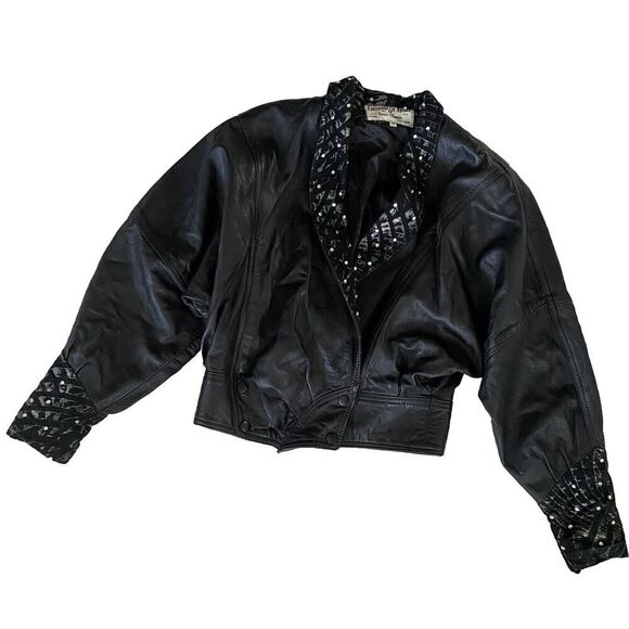 VTG Giovinezza Moda BY Rocco D’Amelio BLACK LEATHER 80s Jacket Rhinestone Xs - Picture 1 of 9